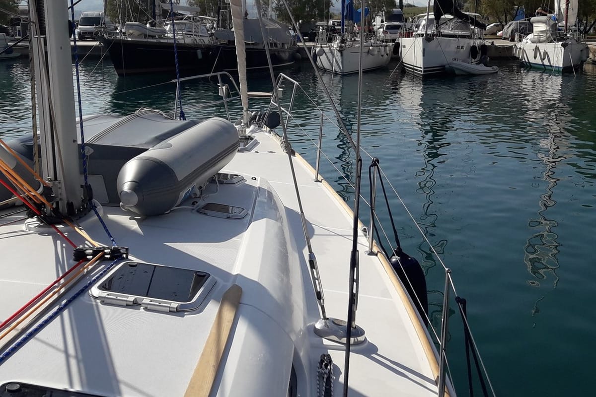 Deck of Family, a Jeanneau Sun Odyssey 49 sailboat at Municipal Unit of Lefkada, Greece