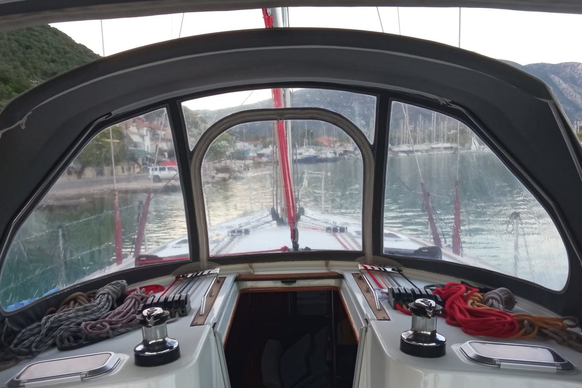 Cockpit of Family, a Jeanneau Sun Odyssey 49 sailboat at Municipal Unit of Lefkada, Greece