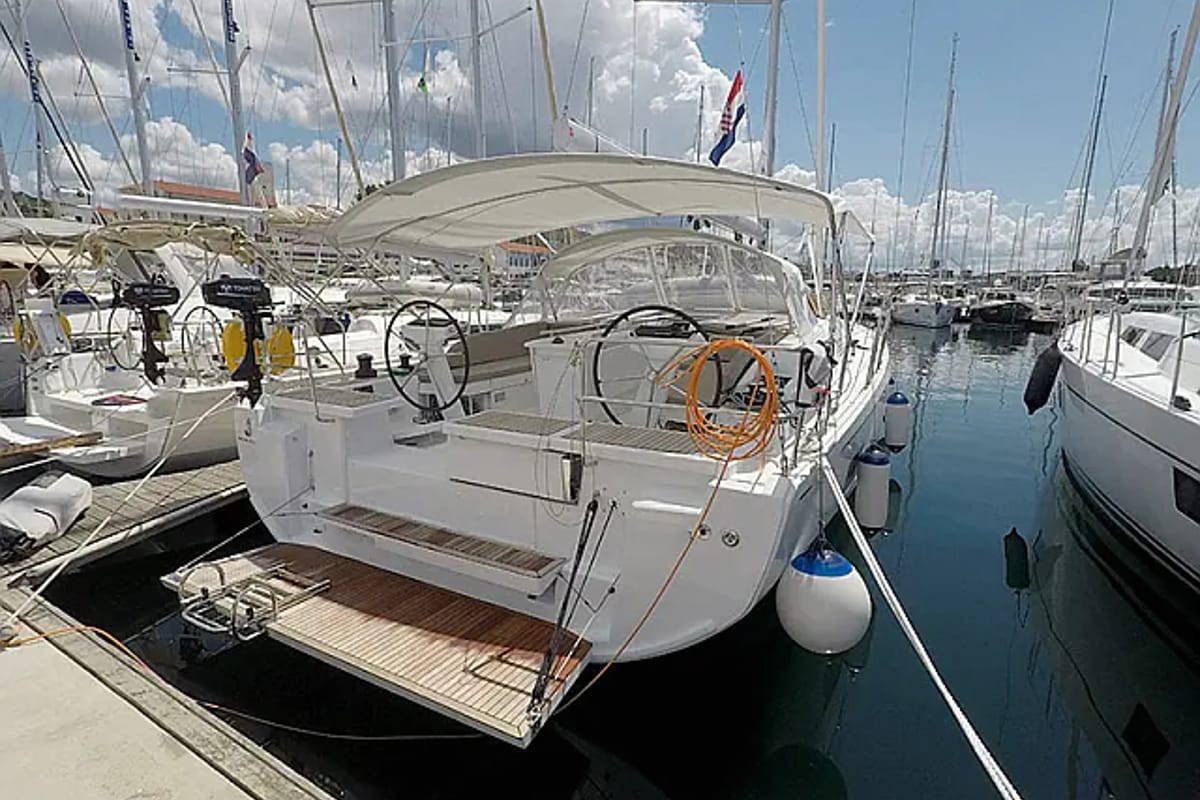 Exterior view of GRETA, a Beneteau Oceanis 46.1 sailboat at Port de Pollença, Spain