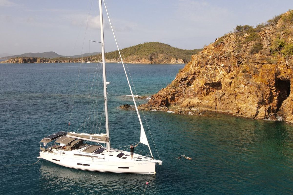 Exterior view of Fat Bottom Girl, a Dufour 530 sailboat at Road Town, British Virgin Islands
