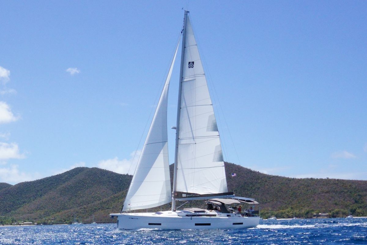 Exterior view of Fat Bottom Girl, a Dufour 530 sailboat at Road Town, British Virgin Islands