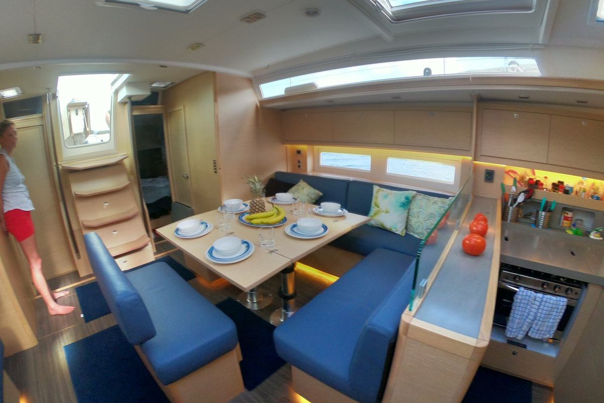 Salon of Fat Bottom Girl, a Dufour 530 sailboat at Road Town, British Virgin Islands