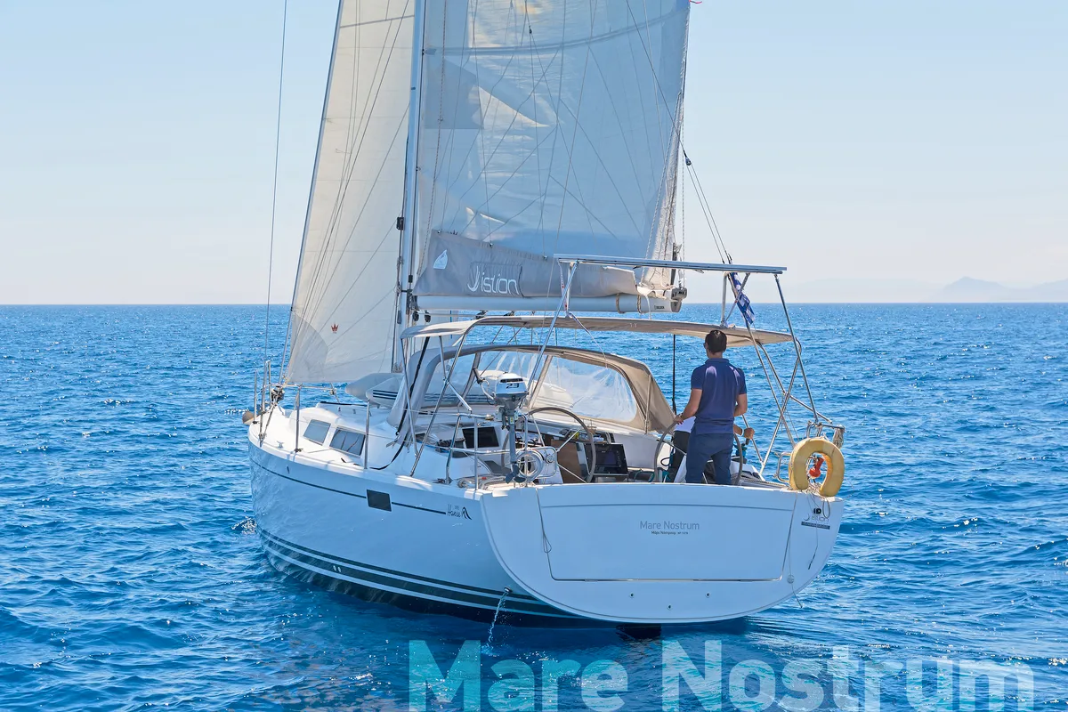 Exterior view of Mare Nostrum, a Hanse Yachts Hanse 385 sailboat at Kos, Greece