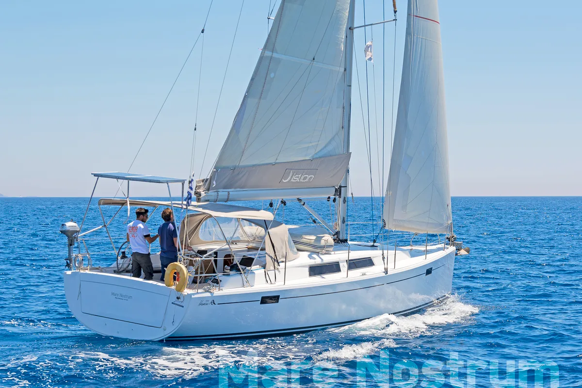 Exterior view of Mare Nostrum, a Hanse Yachts Hanse 385 sailboat at Kos, Greece