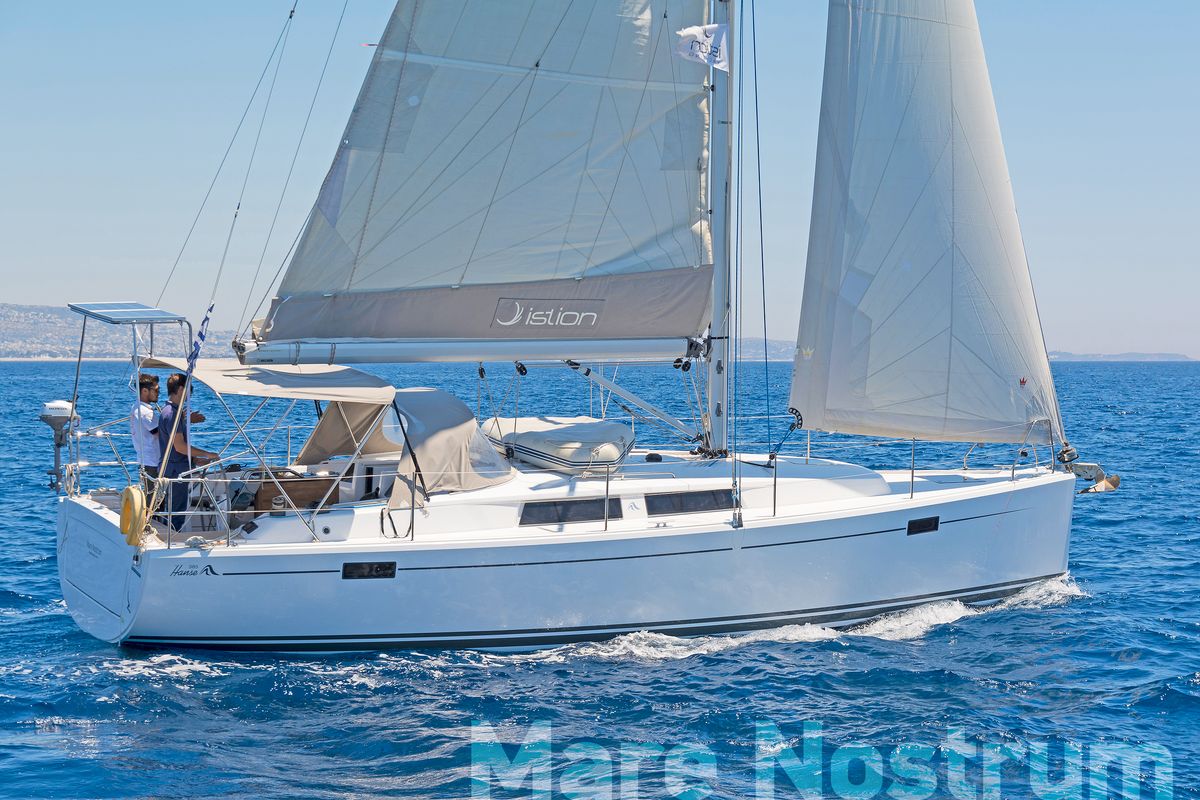 Exterior view of Mare Nostrum, a Hanse Yachts Hanse 385 sailboat at Kos, Greece