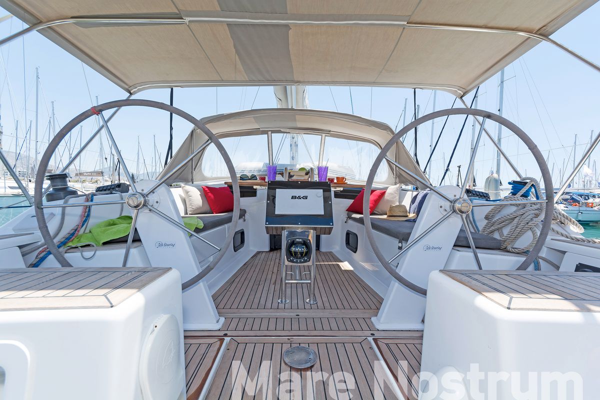 Cockpit of Mare Nostrum, a Hanse Yachts Hanse 385 sailboat at Kos, Greece