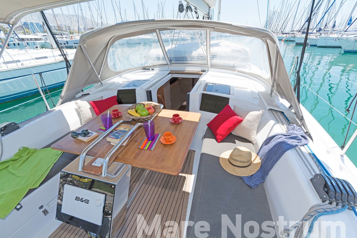 Deck of Mare Nostrum, a Hanse Yachts Hanse 385 sailboat at Kos, Greece