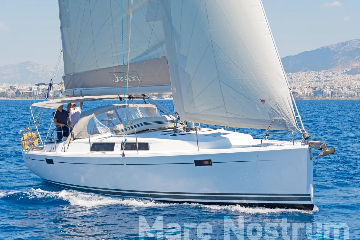 Exterior view of Mare Nostrum, a Hanse Yachts Hanse 385 sailboat at Kos, Greece