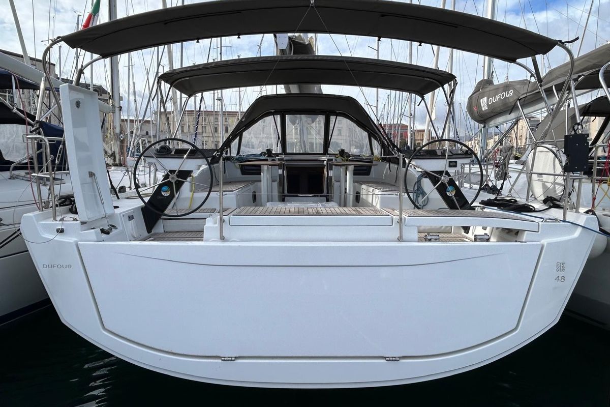 Deck of Salima, a Dufour 48 sailboat at Tonnarella, Italy