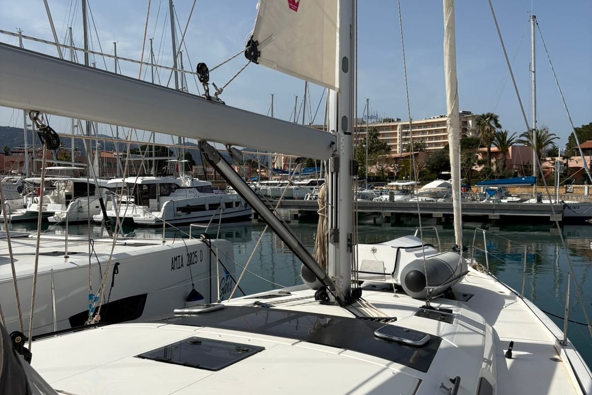 Deck of Salima, a Dufour 48 sailboat at Tonnarella, Italy