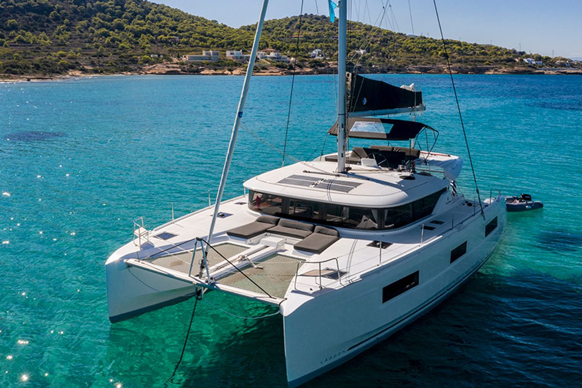 Exterior view of Kaizen, a Lagoon 46 catamaran at Municipal Unit of Rhodes, Greece