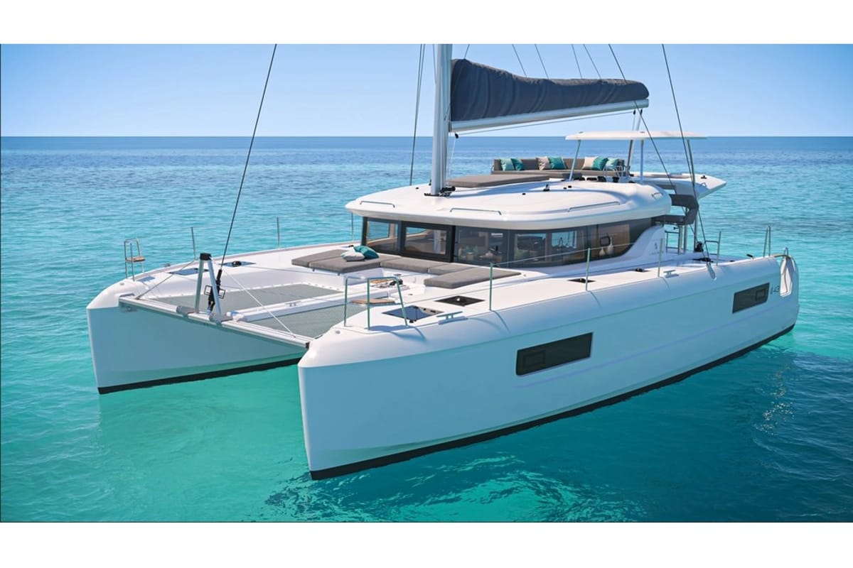 Exterior view of Michelangelo, a Lagoon 43 catamaran at Benitses, Greece