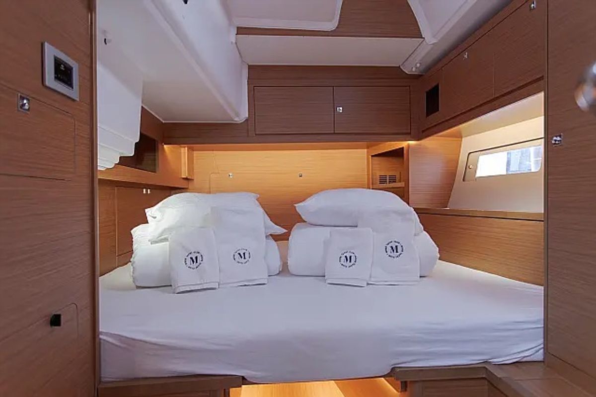 Cabin on Sonja, a Dufour 530 sailboat at Seget Donji, Croatia