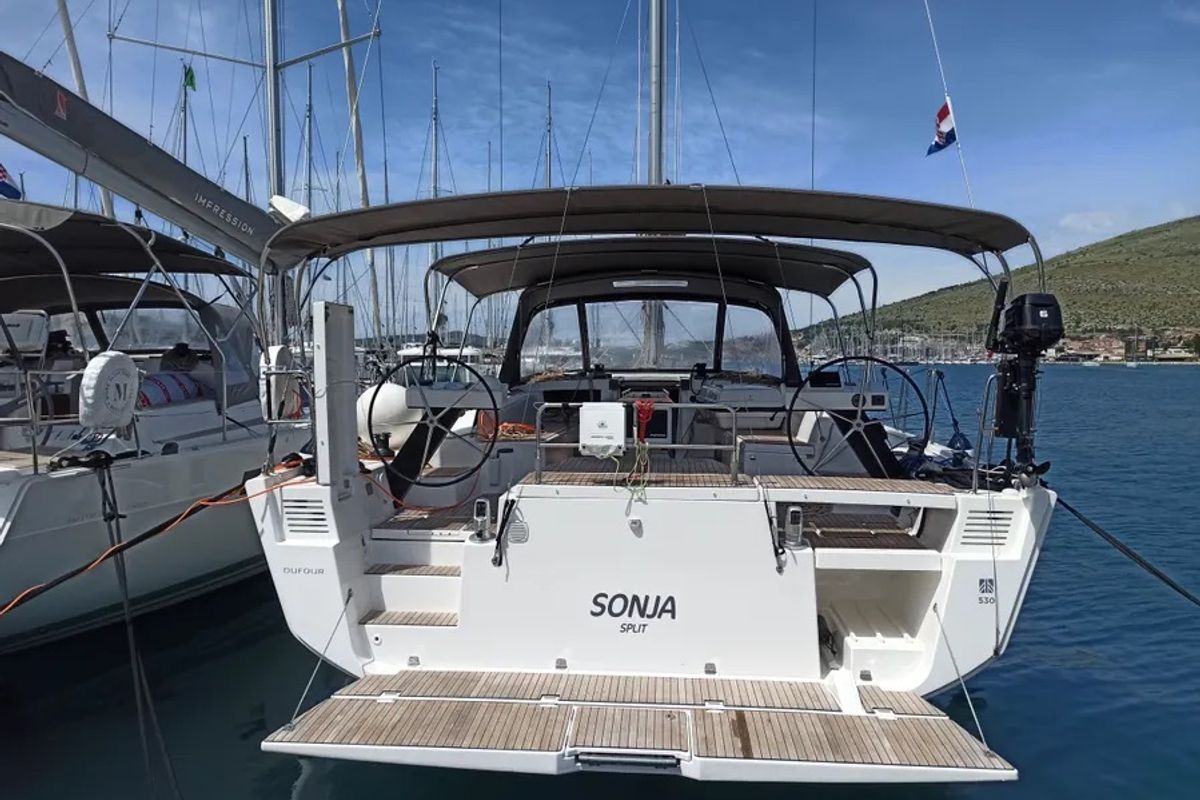 Exterior view of Sonja, a Dufour 530 sailboat at Seget Donji, Croatia