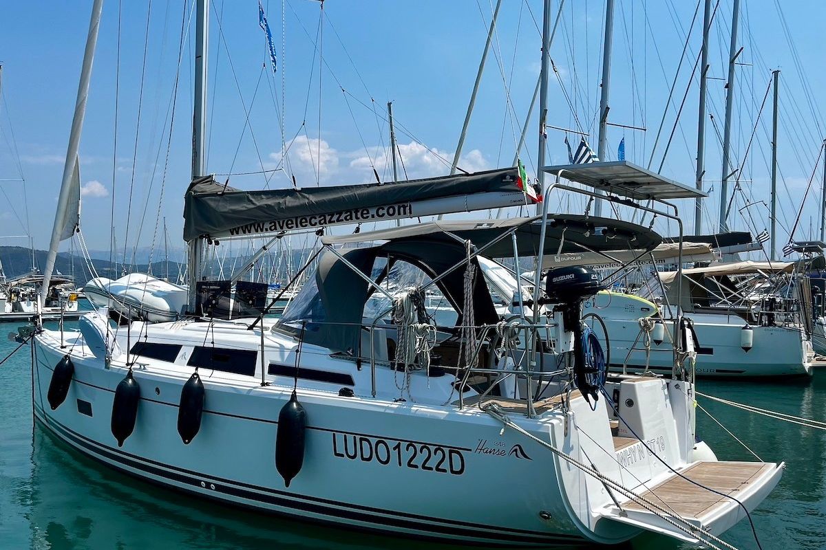 Exterior view of Why Not 19, a Hanse Yachts Hanse 348 sailboat at Municipal Unit of Lefkada, Greece