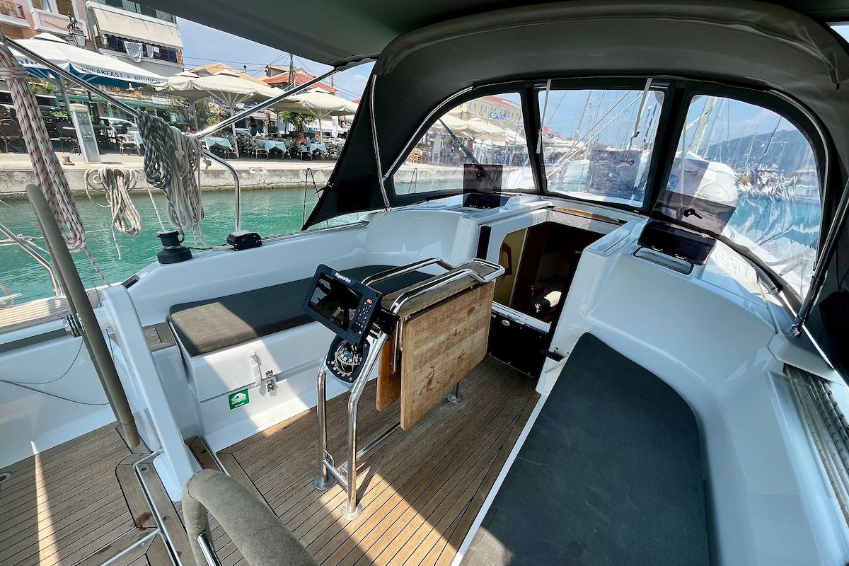Cockpit of Why Not 19, a Hanse Yachts Hanse 348 sailboat at Municipal Unit of Lefkada, Greece