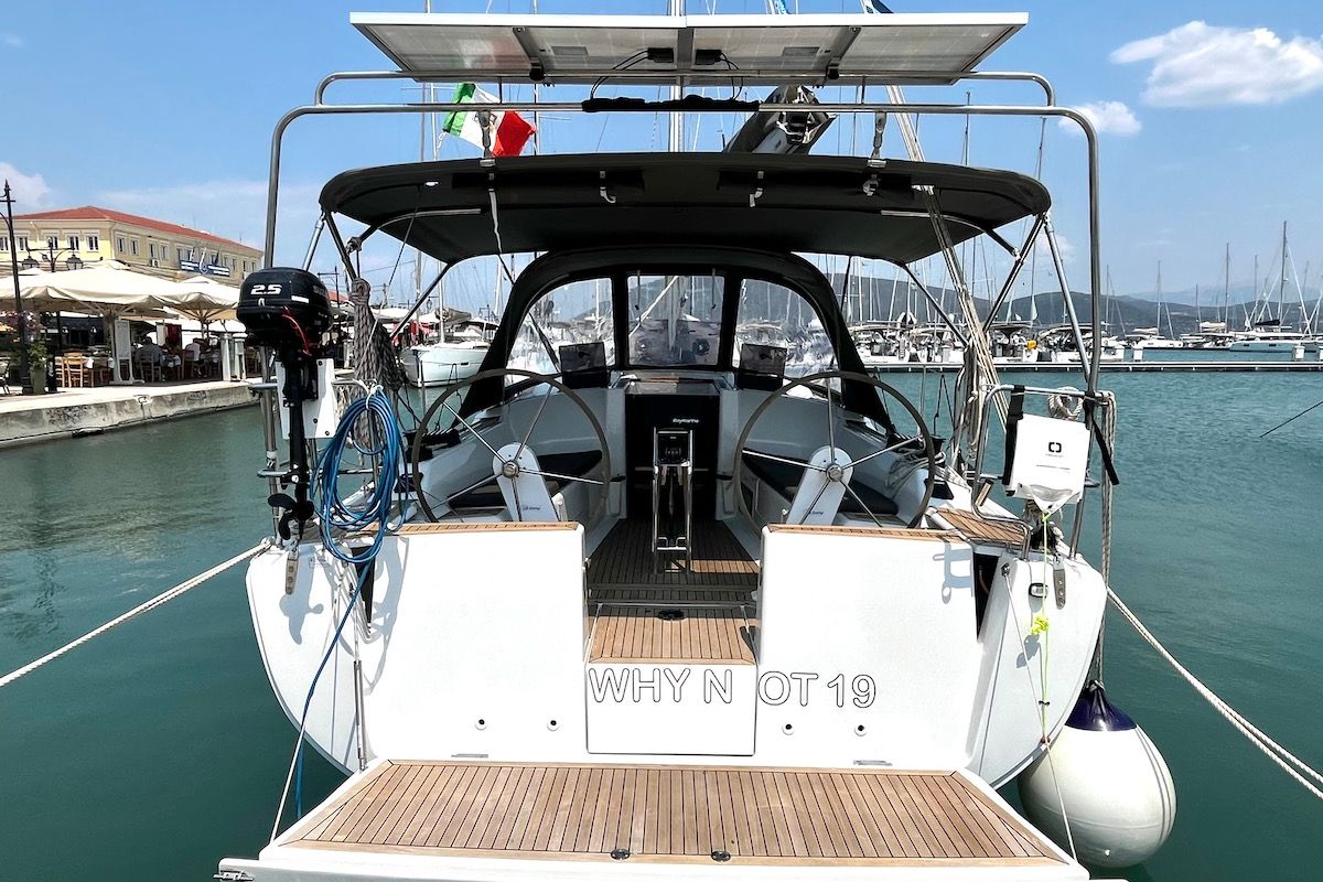 Exterior view of Why Not 19, a Hanse Yachts Hanse 348 sailboat at Municipal Unit of Lefkada, Greece