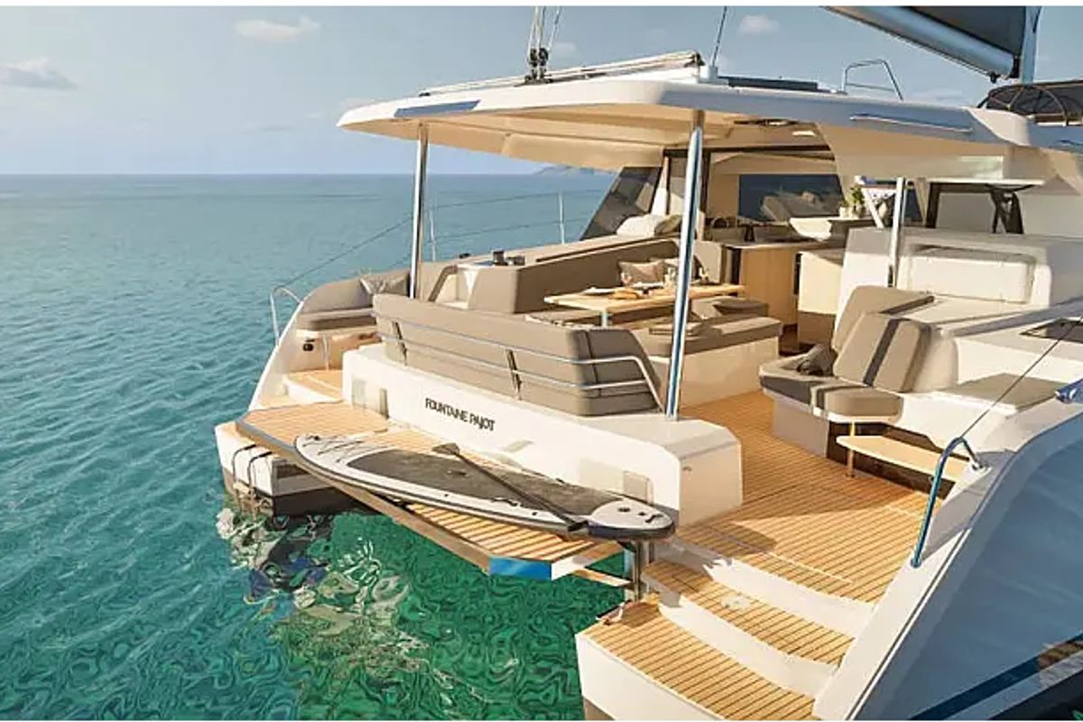 Deck of Montague, a Fountaine Pajot FP 41 Quatuor 4 catamaran at Municipal Unit of Lefkada, Greece