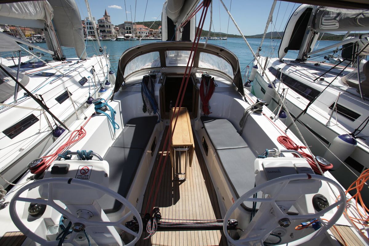 Cockpit of Lazarus, a Bavaria Cruiser 41S sailboat at Pirovac, Croatia