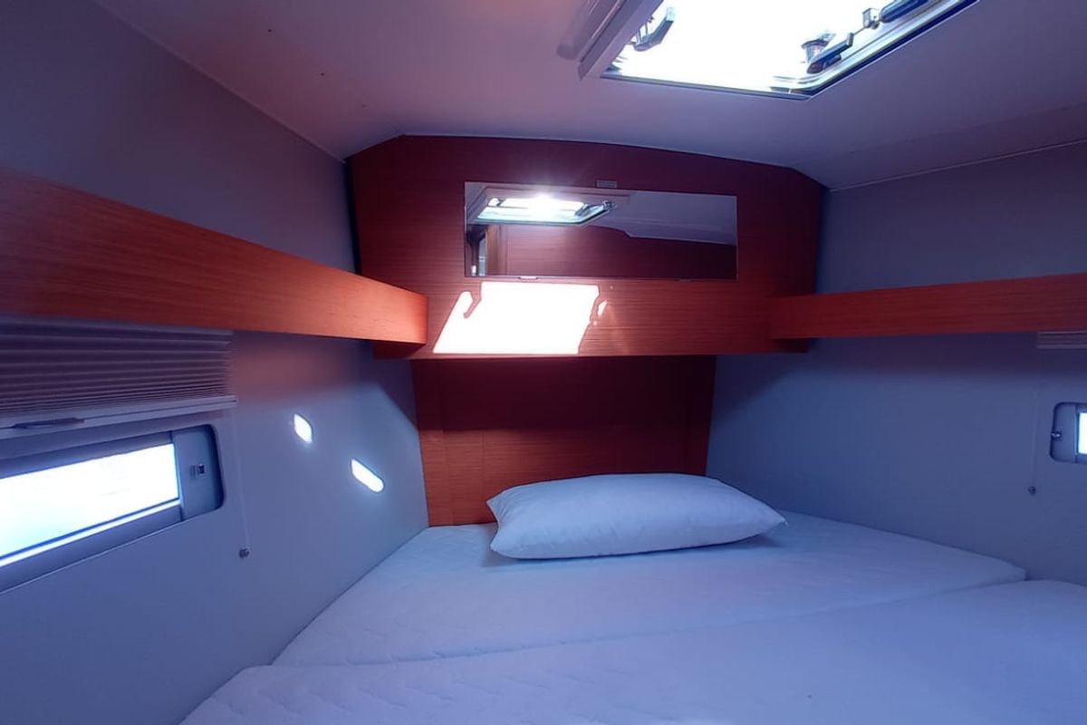 Cabin on Tiche, a Dufour 390 Grand Large sailboat at Palermo, Italy