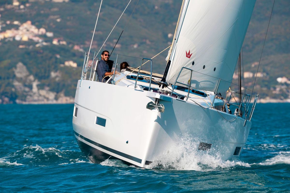 Exterior view of Tiche, a Dufour 390 Grand Large sailboat at Palermo, Italy
