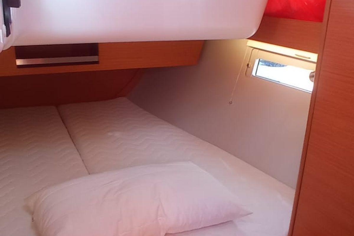 Cabin on Tiche, a Dufour 390 Grand Large sailboat at Palermo, Italy