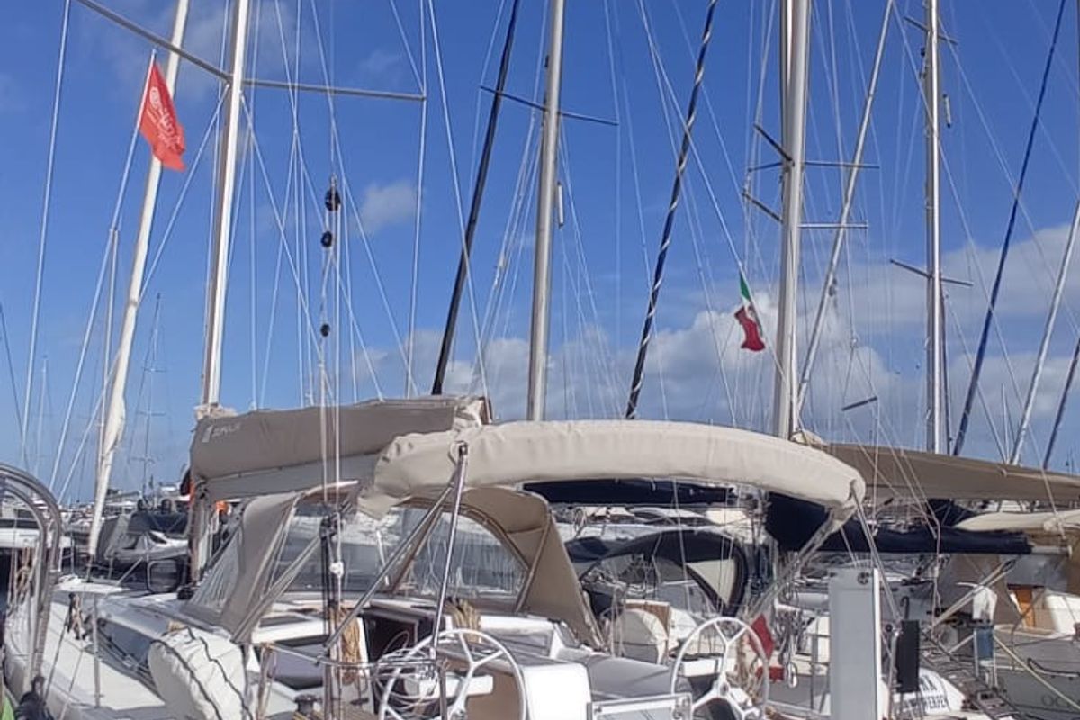 Deck of Tiche, a Dufour 390 Grand Large sailboat at Palermo, Italy