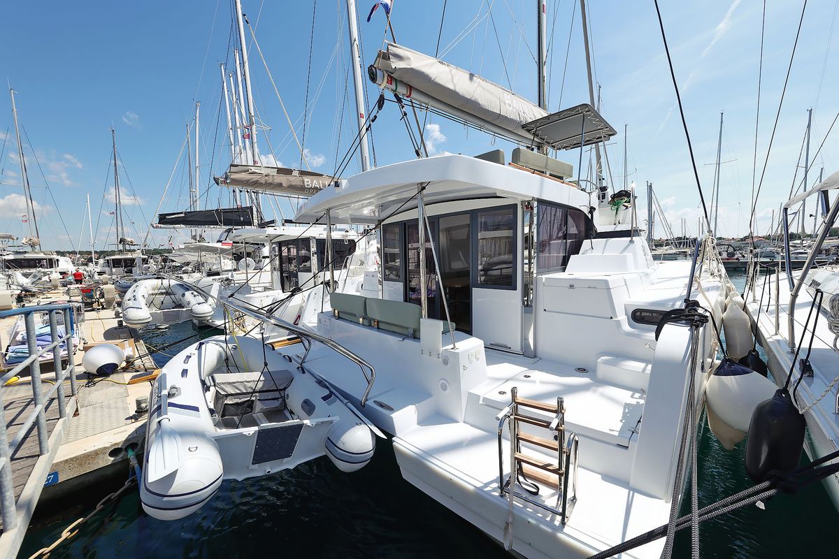 Deck of Baycat, a Bali Catspace catamaran at Grad Biograd na Moru, Croatia