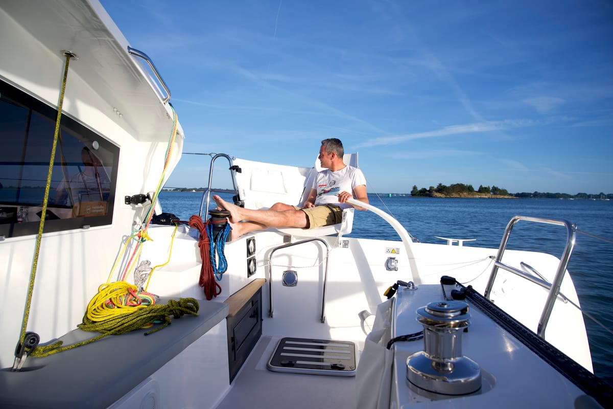 Cockpit of Manta Va'a, a Marsaudon Composites TS 42 catamaran at La Trinité-sur-Mer, France