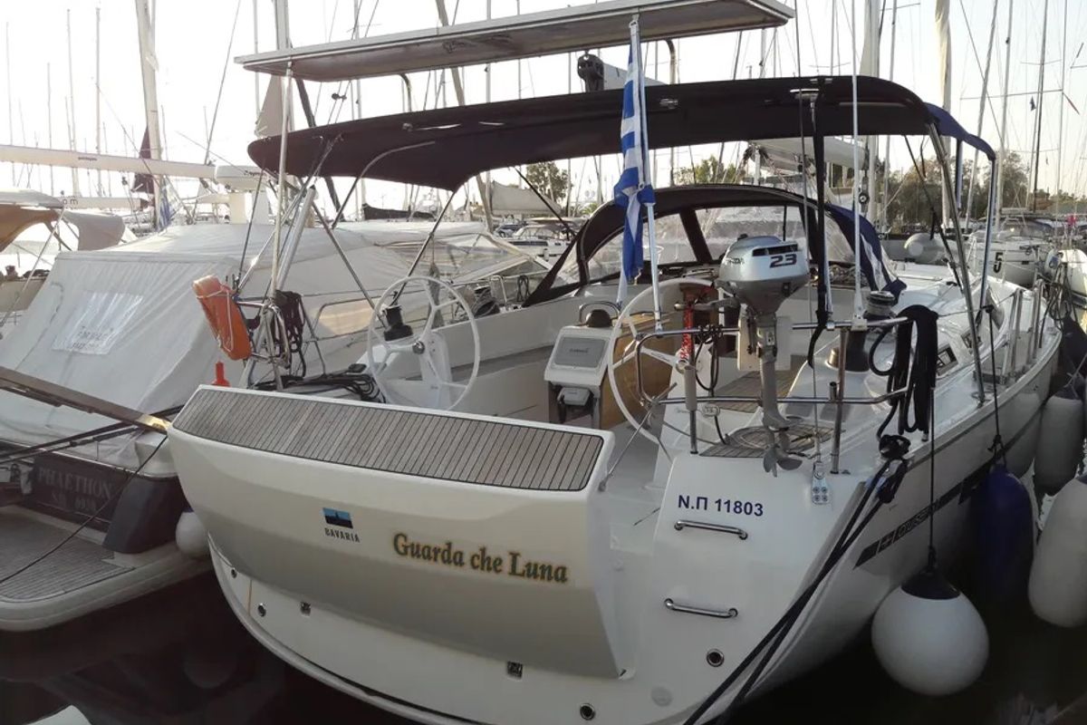 Exterior view of Guarda Che Luna, a Bavaria 51 Cruiser sailboat at Municipal Unit of Rhodes, Greece
