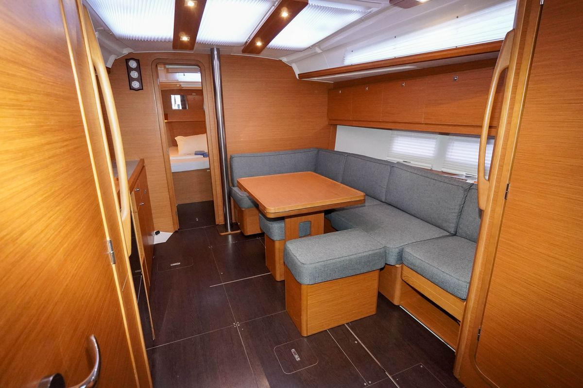 Salon of Lady D, a Dufour 390 sailboat at Marmaris, Turkey