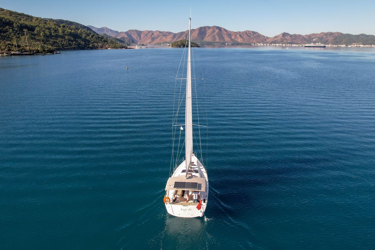 Exterior view of Lady D, a Dufour 390 sailboat at Marmaris, Turkey