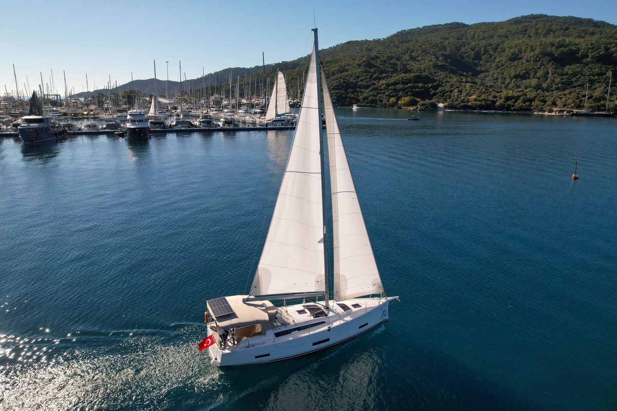 Exterior view of Lady D, a Dufour 390 sailboat at Marmaris, Turkey
