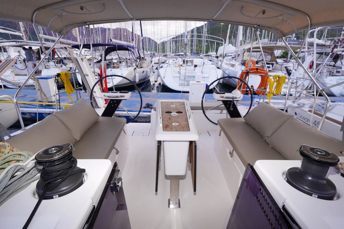 Cockpit of Lady D, a Dufour 390 sailboat at Marmaris, Turkey