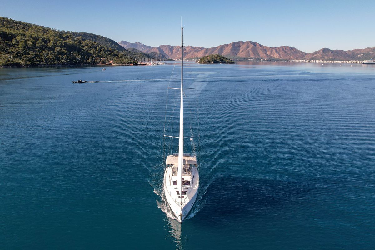 Exterior view of Lady D, a Dufour 390 sailboat at Marmaris, Turkey