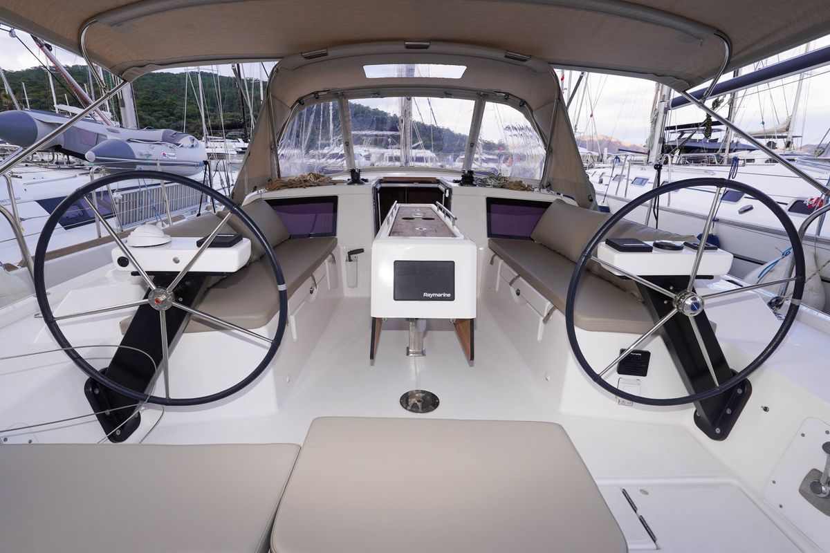 Cockpit of Lady D, a Dufour 390 sailboat at Marmaris, Turkey