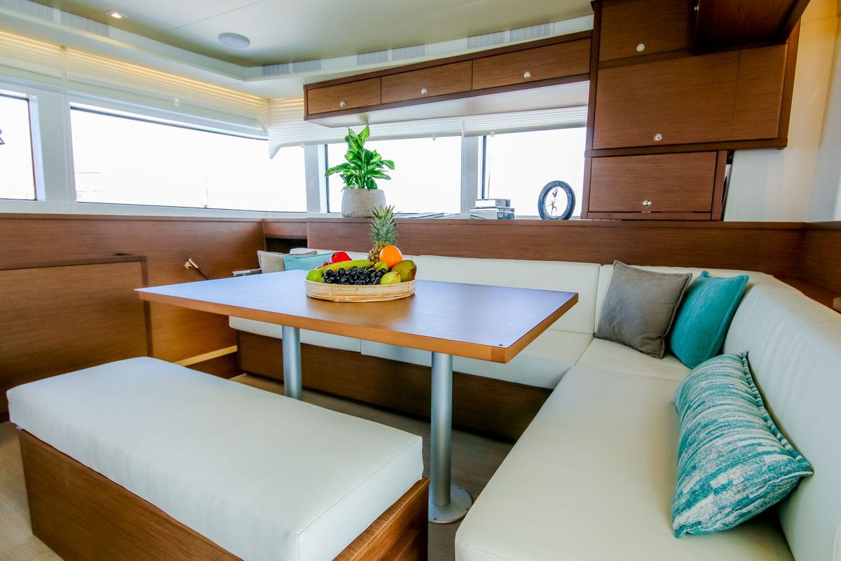 Salon of ELVIRA 52, a Lagoon 52F catamaran at Athens, Greece