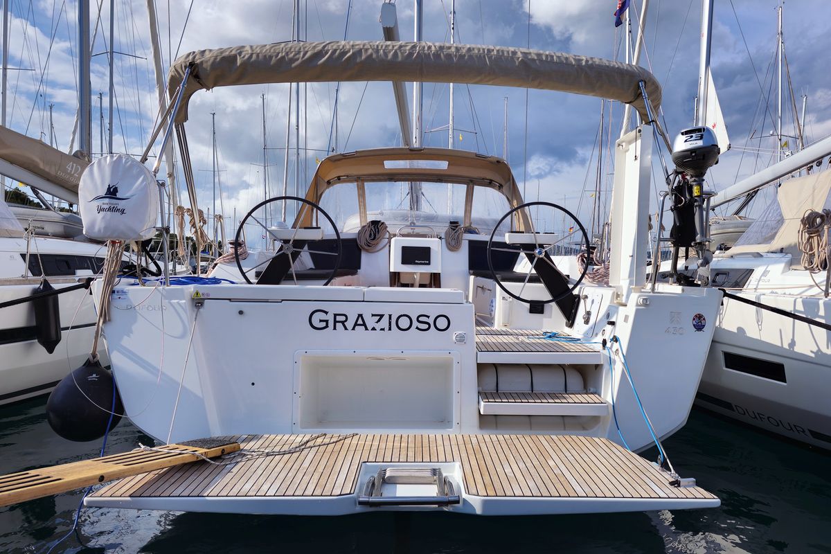 Exterior view of Grazioso, a Dufour 430 GL sailboat at Općina Rogoznica, Croatia