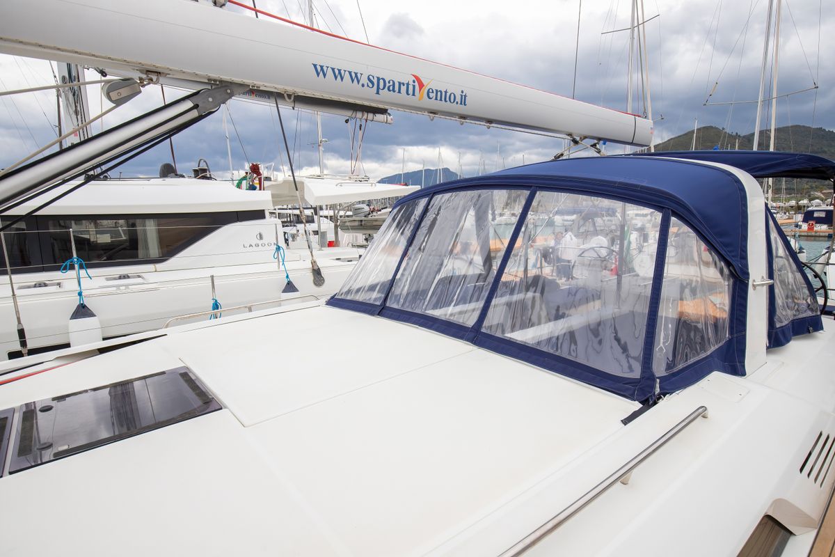 Deck of Calipso, a Beneteau Oceanis 51.1 sailboat at Salerno, Italy