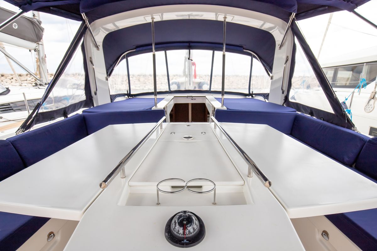 Cockpit of Calipso, a Beneteau Oceanis 51.1 sailboat at Salerno, Italy