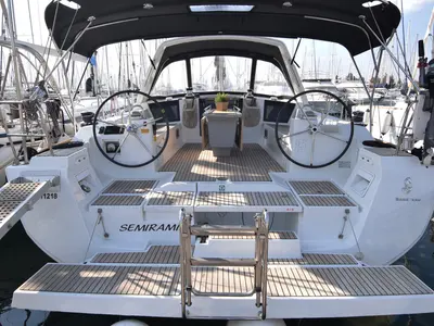 Cockpit of Semiramis, a Beneteau Oceanis 45 sailboat at Kontokali, Greece