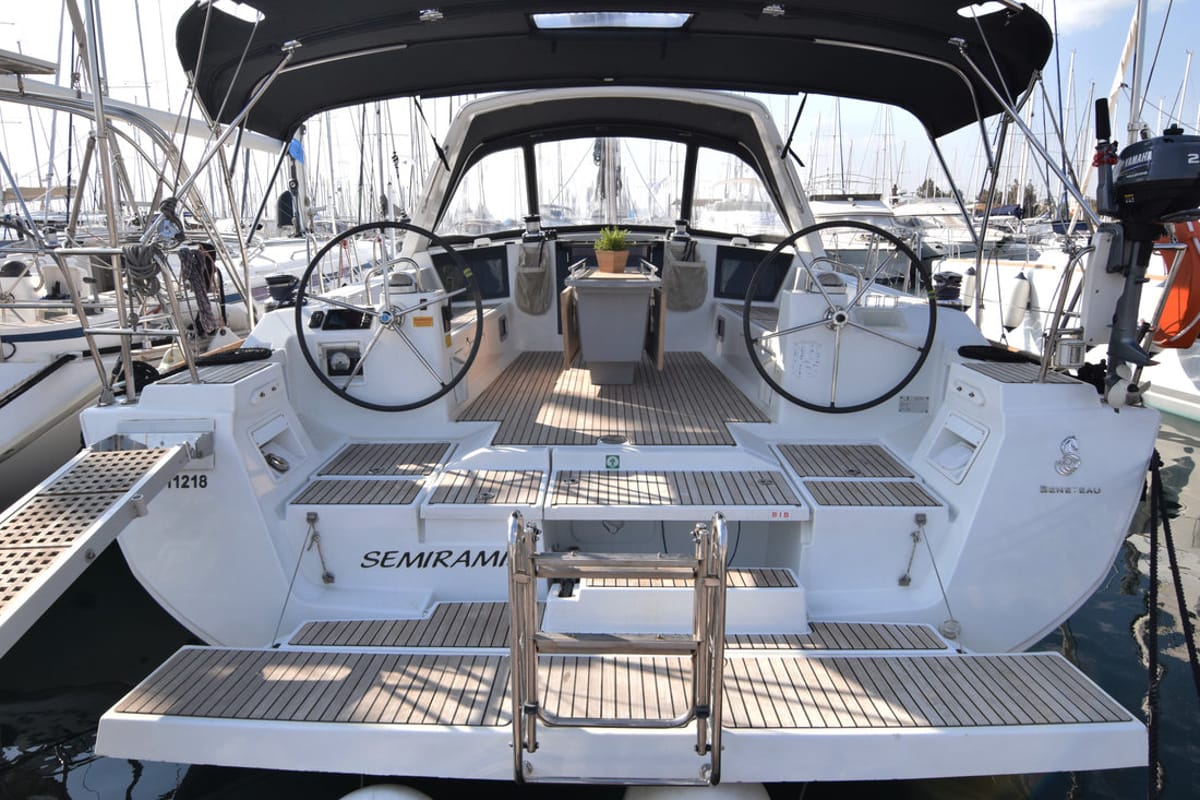 Cockpit of Semiramis, a Beneteau Oceanis 45 sailboat at Kontokali, Greece