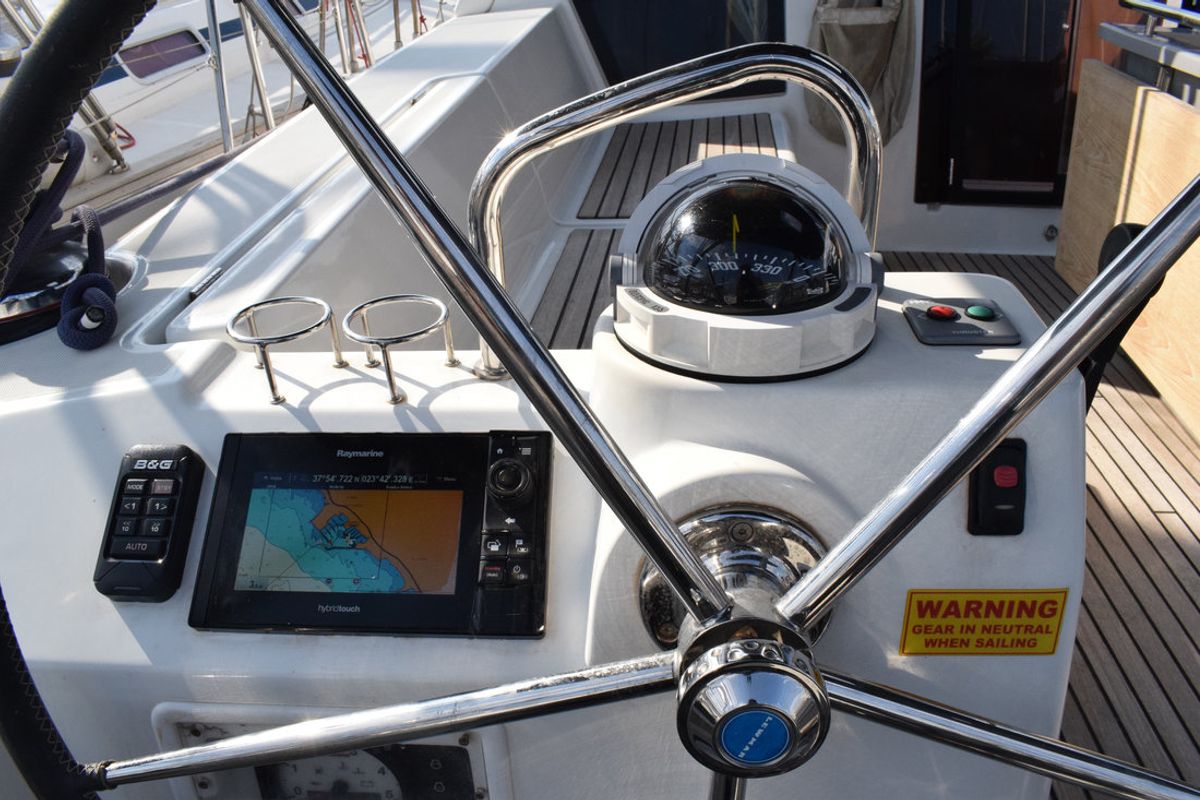 Cockpit of Semiramis, a Beneteau Oceanis 45 sailboat at Kontokali, Greece