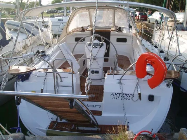 Exterior view of S/Y Artemis, a Elan Impression 384 sailboat at Kos, Greece