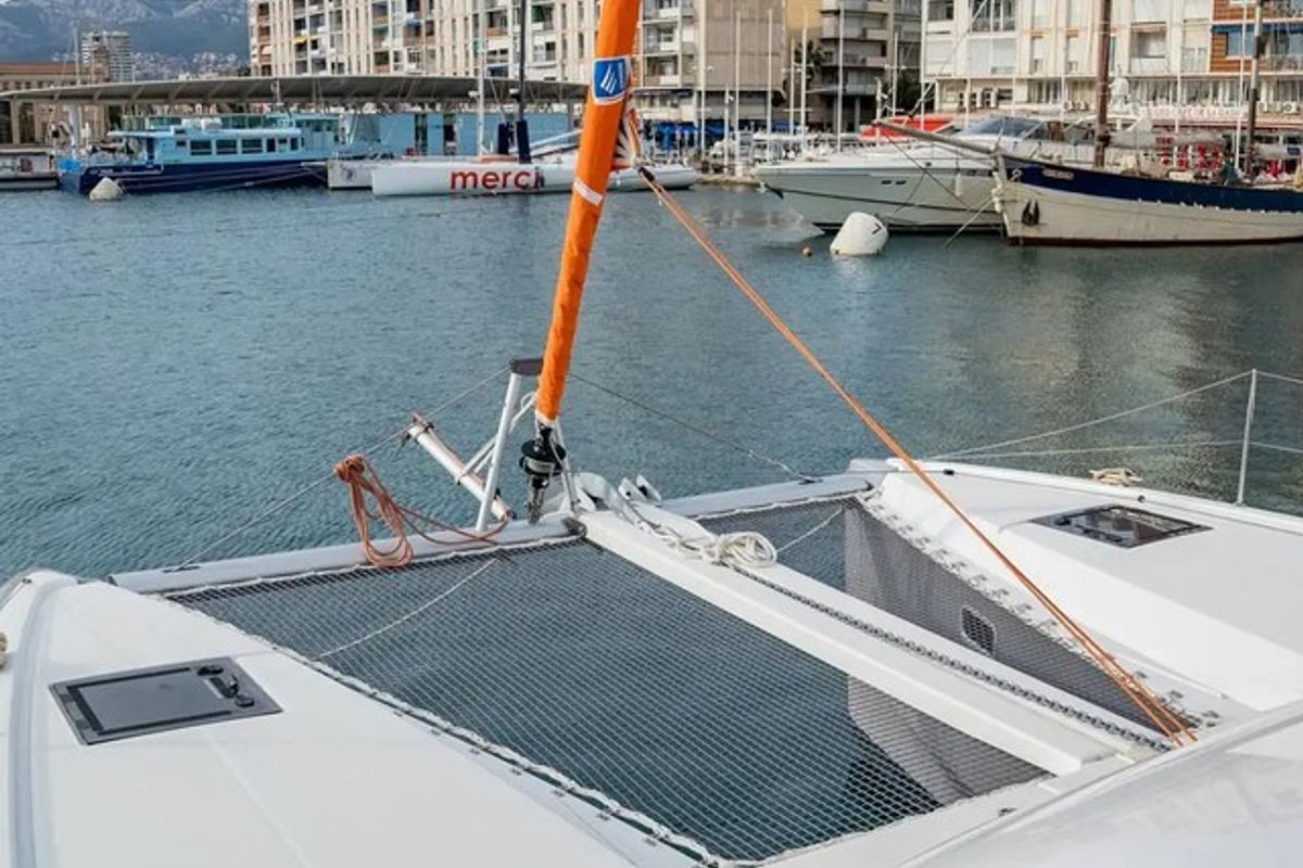 Deck of Lom, a Excess 11 catamaran at Toulon, France