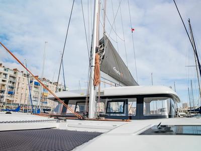 Deck of Lom, a Excess 11 catamaran at Toulon, France