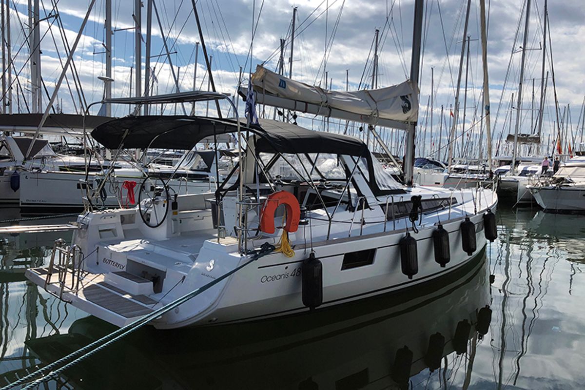Exterior view of Butterfly, a Beneteau Oceanis 48 sailboat at Gouvia, Greece