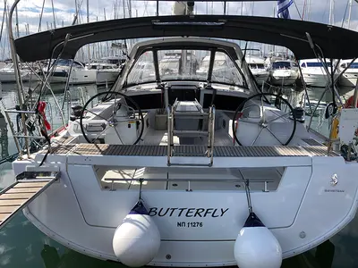 Cockpit of Butterfly, a Beneteau Oceanis 48 sailboat at Gouvia, Greece