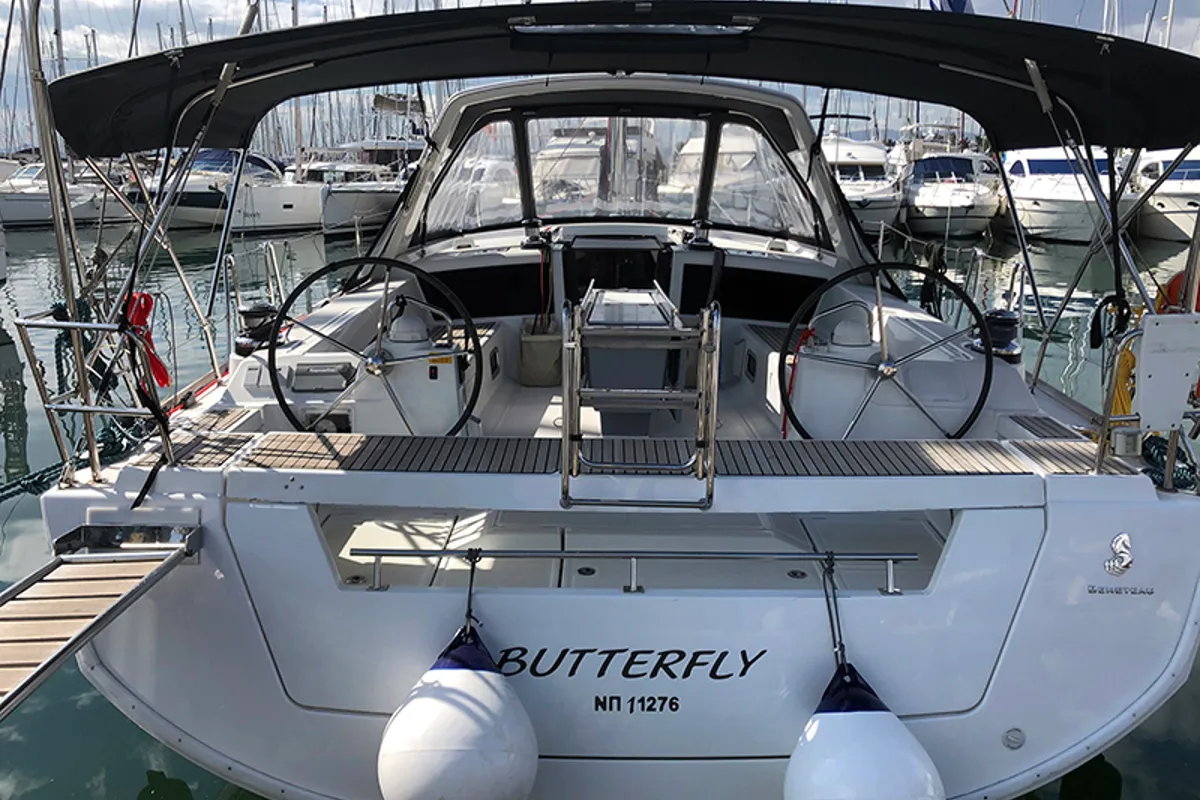Cockpit of Butterfly, a Beneteau Oceanis 48 sailboat at Gouvia, Greece