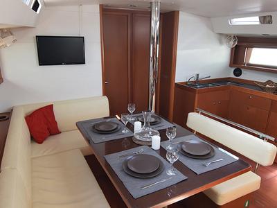 Salon of Butterfly, a Beneteau Oceanis 48 sailboat at Gouvia, Greece